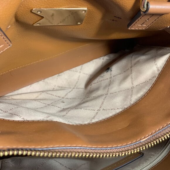 Michael Kors Reed Large Belted Satchel Bag Purse Brown MK Signature Logo FLAW - Picture 14 of 16